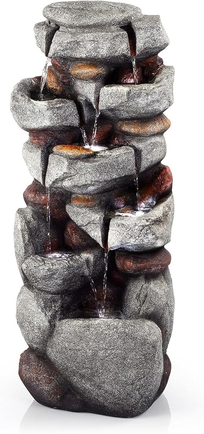 40" H Outdoor Water Fountain, Cascading Rock Waterfall Fountain with 6 White LED Lights, 7-Tiers Large Water Feature for Outdoor, Garden Water Fountain for Patio, Yark, Deck, Porch, Home Decor