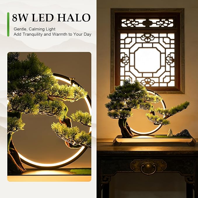 Zen Artificial Bonsai Tree with Adjustable LED Light Ring, Realistic Simulation Welcome Pine with Buddha Statue Decoration, Faux Potted Plant for Living Room Office Studies Meditation