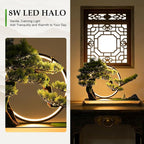 Zen Artificial Bonsai Tree with Adjustable LED Light Ring, Realistic Simulation Welcome Pine with Buddha Statue Decoration, Faux Potted Plant for Living Room Office Studies Meditation