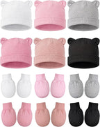 Geyoga 12 Pieces Newborn Hat Mittens Gloves Set Baby Boys Girls Cotton Baby Beanie for 0-12 Months