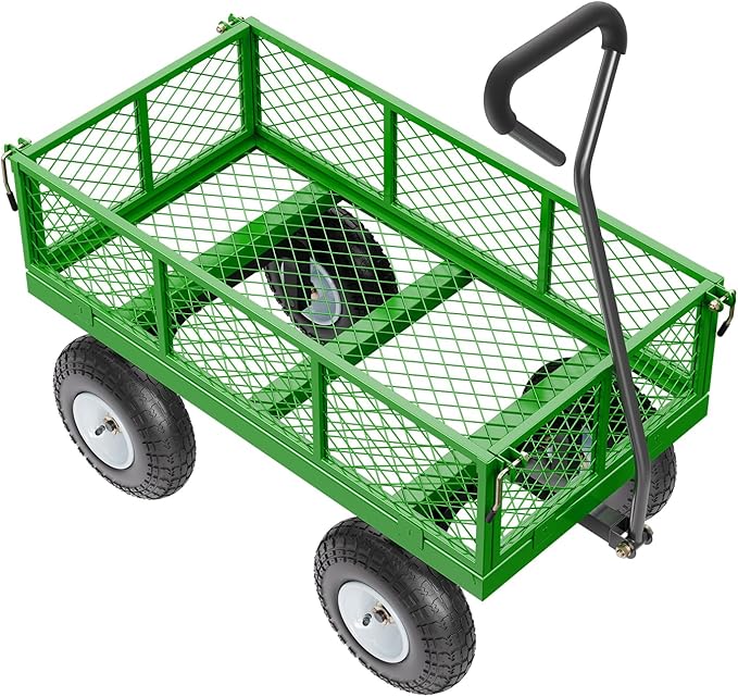 VEVOR 680 Lbs Steel Garden Cart on Wheels, Heavy Duty Garden Wagon Cart Pullable, Metal Outdoor Utility Yard Wagon Carts with 10" Tires, Mesh Removable Sides and 180°Rotating Handle