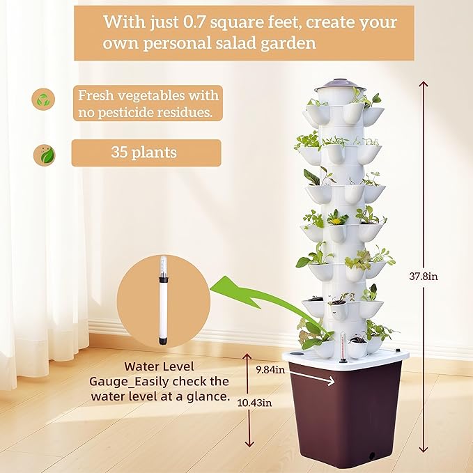 Hydroponics Tower Growing System Kit, Vertical Garden Indoor Outdoor, Up to 35 plants,Lettuce Grow Tower & Timer, Smart Indoor Growing System for Kitchen, Balcony, Apartment Herbs & Vegetables