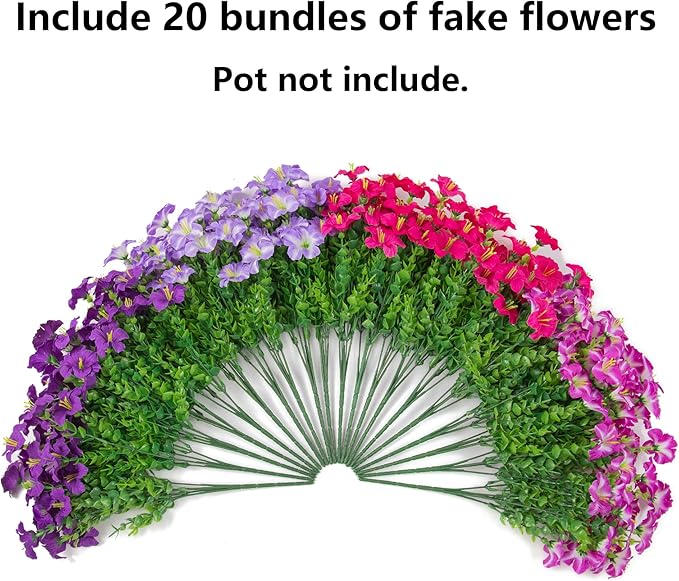 Artificial Flowers for Outdoors Decoration, 20 Bundles Faux Morning Glory with Eucalyptus Look Real UV Resistant Fake Plants Silk Flowers for Outside Yard Gardens Porch Patio Planter Home Urn, Mix