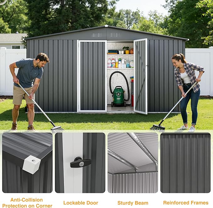 12 x 10FT Dark Grey Outdoor Storage Shed, Metal Waterproof Shed Garden Tool Shed with Door and Lock Outdoor Storage,All-Weather Shelter for Bike, Gardening Tools, Lawn Mowers