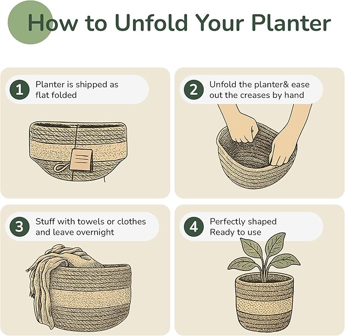 Jute Planter Basket -Sustainable Woven Rope Covers for Decorating Indoor/Outdoor Plants Pots 6.5x6.5x6 Inches Ideal Size for 6" Planter-Multi-Purpose Storage Set of 2 White & Natural Jute