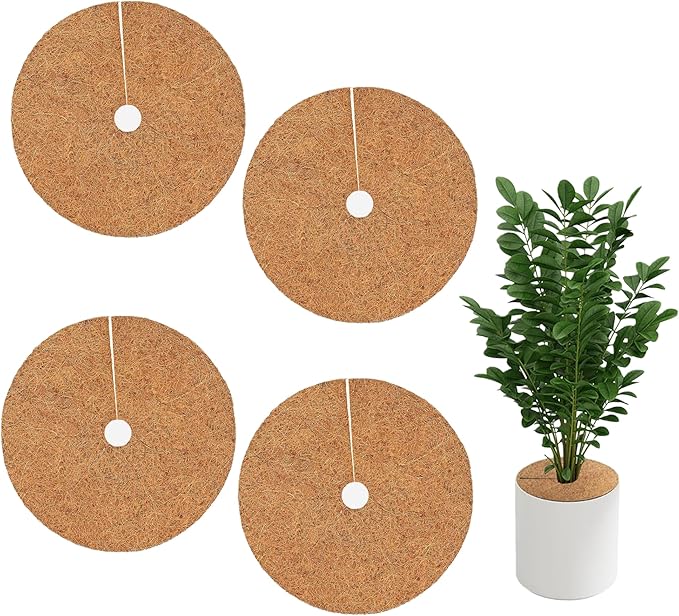 4 Pack 15.7 Inch Coconut Fiber Mulch Ring - Natural Coco Coir Tree Ring Protector Mats, Weed Barrier Plant Discs for Moisture Retention, Indoor Outdoor Trees and Landscaping