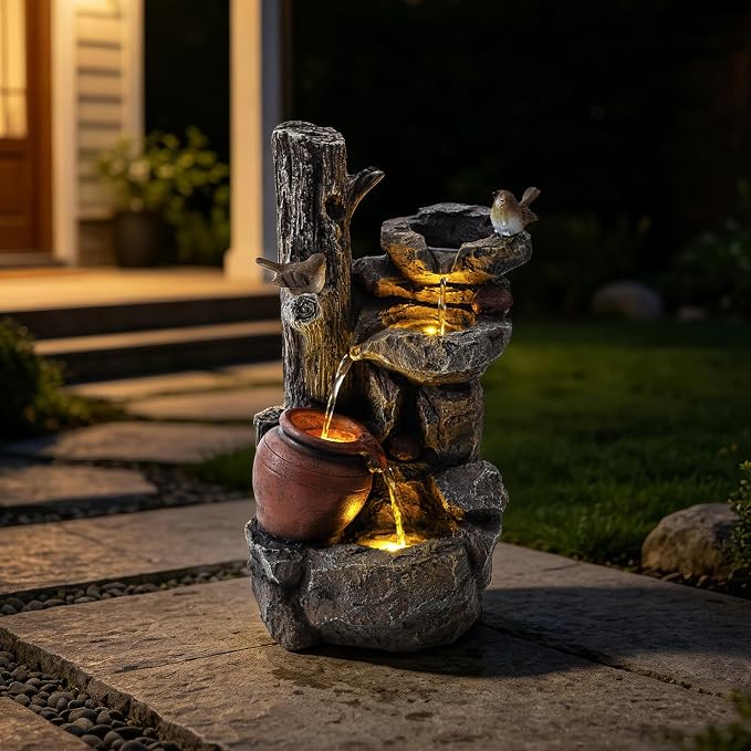 18.9" H Water Fountain Outdoor/Indoor, Garden Fountain with LED Lights, Rock Pottery Jar Waterfall Fountain for Patio Porch Yard Backyard Farmhouse