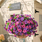 Homsunny Artificial Fake Hanging Flowers with Basket for Outdoors, Faux Silk Petunias Flower Spring Summer Decor UV Resistant Look Real Outside Patio Front Porch Decorations