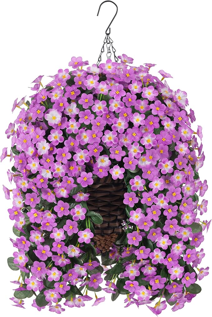 Artificial Hanging Daisy Flowers Plants Baskets for Outdoor Decoration, Fake Silk Light Fuchsia Mums Orchid Trailing Vines in Planter Realistic UV Resistant for Balcony Porch Decor