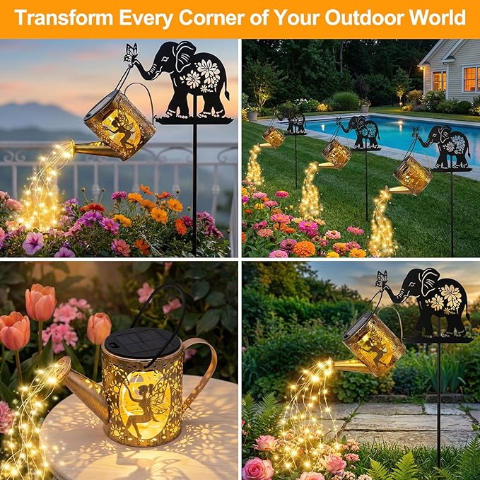 Solar Watering_Can Lights Outdoor Decor with Elephant Stake & Fairy Silhouettes, Cascading String Lights for Garden, Patio, Yard - Waterproof Solar Powered Gift for Mom, Housewarming, Birthday