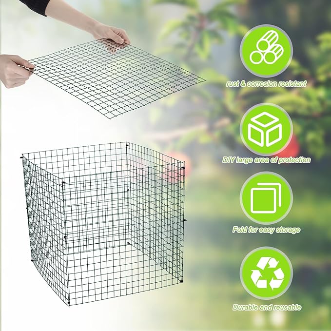 Zubebe 10 Pack Small Wire Plant Protectors Square Plant Protectors from Animals Mesh Cage Chicken Wire Cloche for Shrubs with Ground Stakes and Nylon Ties(Thickness 1mm,Dark Green)