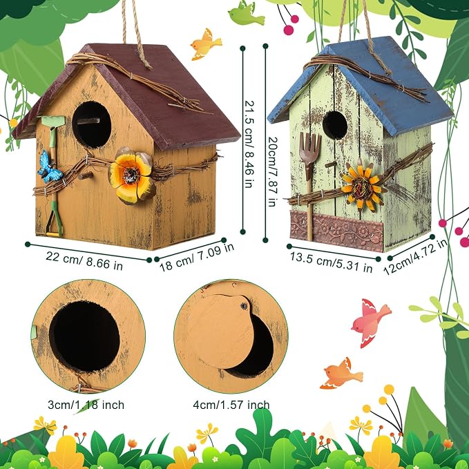 DoubleFill 2 Pcs Birdhouses for Outdoor Hanging Yard Outside Wooden Birdhouse Hand Painted Bird Box for Bird Lovers Bluebird Tree Garden Decor Decorative Birdhouse(Blue,Yellow,Wooden Roof)
