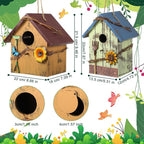 DoubleFill 2 Pcs Birdhouses for Outdoor Hanging Yard Outside Wooden Birdhouse Hand Painted Bird Box for Bird Lovers Bluebird Tree Garden Decor Decorative Birdhouse(Blue,Yellow,Wooden Roof)