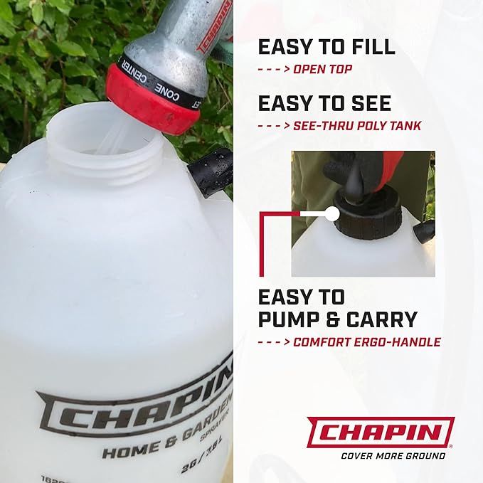 Chapin 16100 Pump Sprayer, 1‑Gallon, Lawn & Garden, Translucent Poly Tank, Adjustable Cone Nozzle, Ergonomic Handle & in‑Tank Filter for Herbicides, Pesticides, Fertilizers & Cleaning Tasks