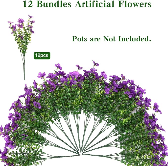 CEWOR 12 Bundles Artificial Flowers for Outdoor Indoor, Fake Silk Daisy with Eucalyptus Leaves, Faux Flower for Garden Front Door Porch Planter Patio Home Decor (Deep Purple)