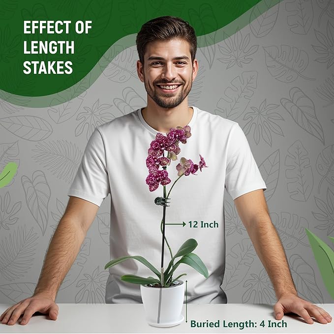 10Pcs Plant Support Stakes for Indoor Plants 16 Inches with 15 Clips, Plant Sticks for Indoor and Outdoor Plants, Tall Bendable Orchid Clips and Single Stem Flower Stakes (Green)