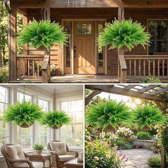 lovemoon Fake Ferns Plant Baskets,2PCS Artificial Hanging Plants,2 Hanging Planters with 24 Pcs Leaves for Indoor Outside Decorations for Front Porch Garden Balcony Patio Home Decor (2, Light Green)
