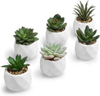 MyGift Mini Assorted Green Faux Succulent, Indoor Fake Plants in Geometric Ceramic Pots, Set of 6