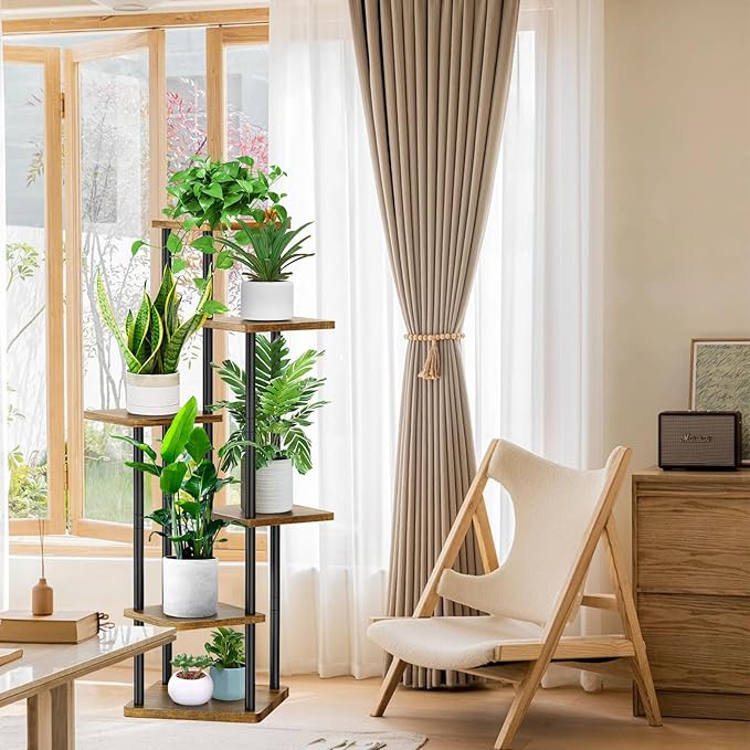 6 Tier Plant Stand Indoor, Thickened Metal Wood Corner Plant Shelf Stands for Multiple Plants, Indoor Tall Plants Stand Tiered Flower Holder for Living Room Patio Garden Balcony(Black+Brown)