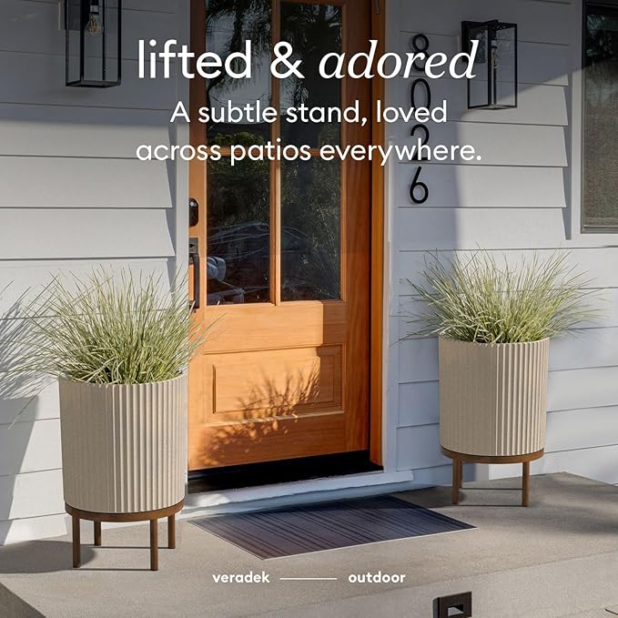 Veradek Demi Series Round Planter w/ Stand for Porch/Patio | Durable Plastic-Concrete & Wooden Stand | Modern Décor for Tall Plants, Flowers