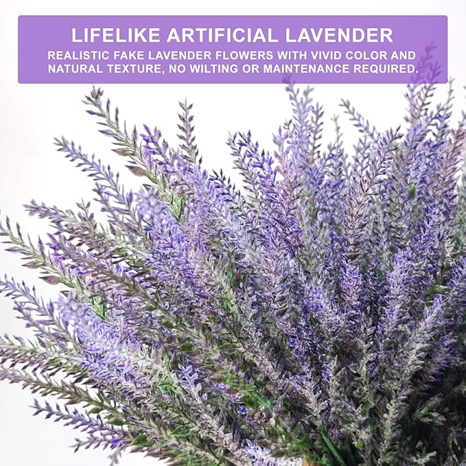 TURNMEON 10 Bundles Artificial Lavender Flowers for Outdoors Summer Decor,UV Resistant Fake Flowers Plants Flocked Faux Plastic Shrubs Wedding Bouquet Window Box Table Home Cemetery Decor(Gray Purple)