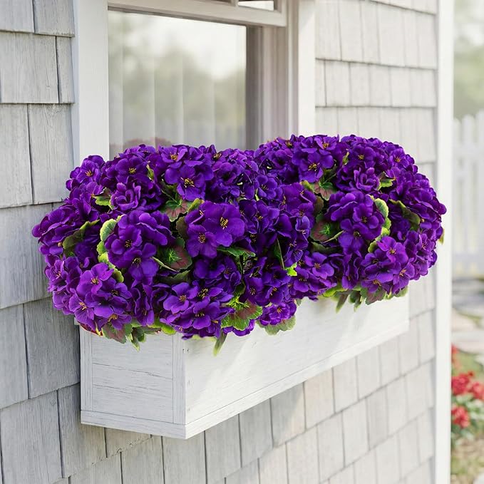 lovemoon Artificial Geranium Plant with Realistic Silk Flowers and Green Leaves，Faux Geranium Flowers for Indoor Outdoor Home Garden Office Decoration (16, Purple)
