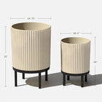 Veradek Demi Series Round Planter w/Stand for Porch/Patio | Durable Plastic-Stone Composite & Wooden Stand | Modern Décor for Tall Plants, Flowers
