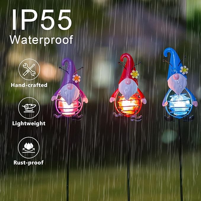 Gnome Solar Garden Lights, 22.4" H Waterproof Decorative Solar Stake Light, 3 Pcs Outdoor Statues Figurine Lights for Spring Garden Lawn Patio Yard Decoration