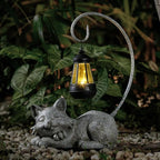 WSgift Outdoor Cat Figurine Garden Statue with Solar-Powered LED Light 13.77 Inches Tall Gift Garden Statue Decor for Cat Lovers Marbled