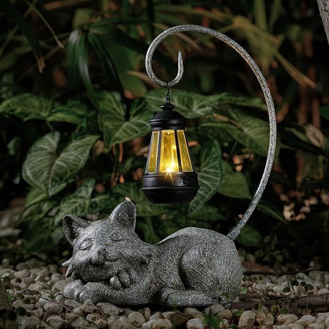 WSgift Outdoor Cat Figurine Garden Statue with Solar-Powered LED Light 13.77 Inches Tall Gift Garden Statue Decor for Cat Lovers Marbled