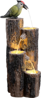 GOSSI Water Fountain Outdoor with Hummingbird, Cascading Waterfall Fountain, Rustic Log Design with LED Lights for Garden Decor