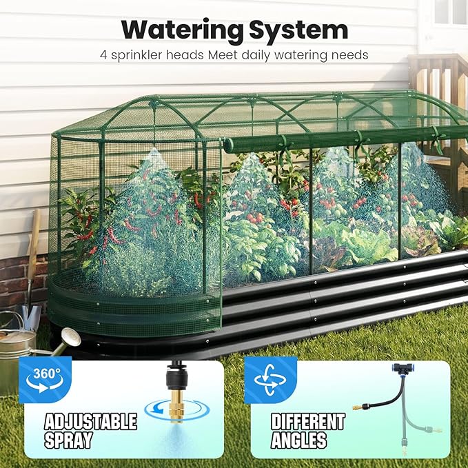 Quictent Galvanized Raised Garden Bed Kit with Self Watering System and Mesh Cover, Large Oval Metal Outdoor Planter Garden Boxes for Vegetables Herbs Flowers, 8x3x1Ft