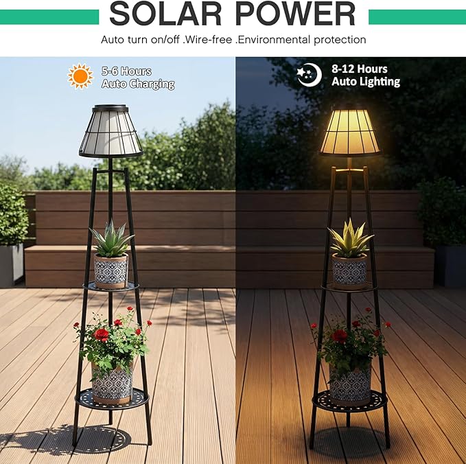 2 Pack Solar Lights with Plant Stands, 45.4'' Waterproof Outdoor Metal Solar Floor Lamps for Patio Deck Yard Pathway Porch Garden