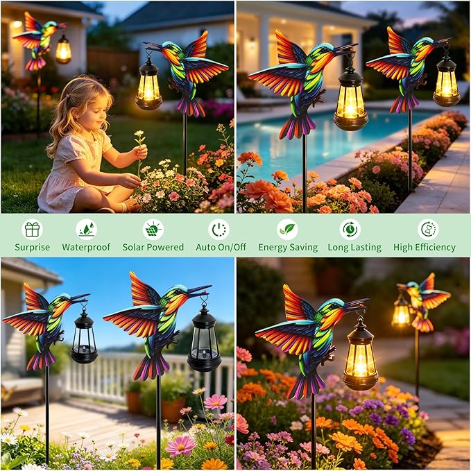 2 Pack Solar Lights Outdoor Waterproof Hummingbird Decorative, 31in Metal Hummingbird Garden Stakes with Solar Lanterns for Yard Art Outside Patio Porch Lawn, Gifts for Women Mom Grandma Mother's Day