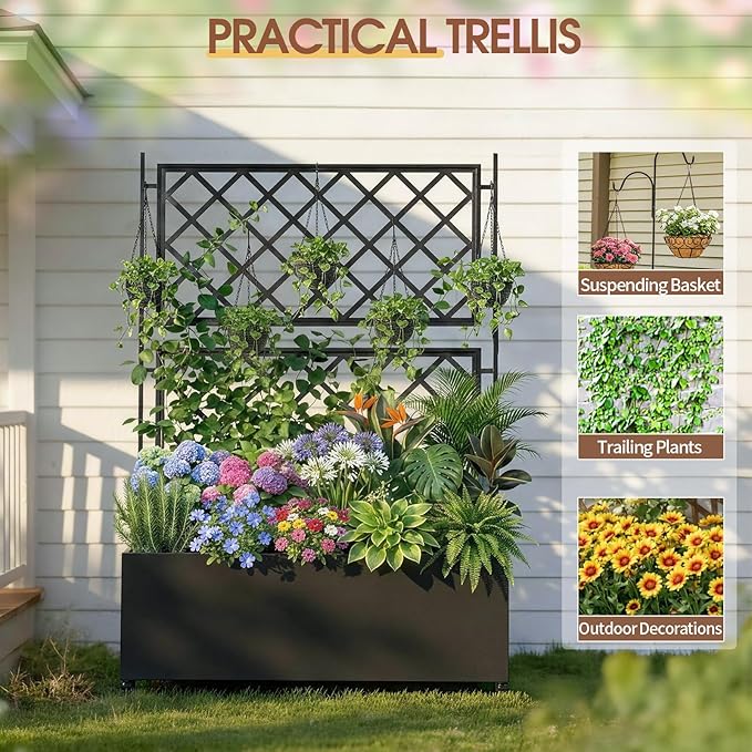 VINGLI 71″H Metal Raised Garden Bed with Trellis and Wheels, Outdoor Planter Box with Drainage Holes for Climbing Plants, Vegetables and Vines, Privacy Screen, for Patio, Backyard and Balcony, Black