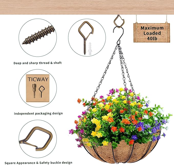 30 Pcs Outdoor Hooks for String Lights,Screw Hooks for Hanging Plants,Ceiling Hooks with Safety Buckle,Square Hanger for Wind Chimes,Bird Feeder,Lanterns,Christmas Decorations Bronze
