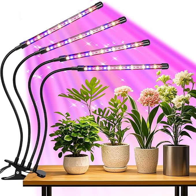 4 Head LED Plant Grow Light, Full Spectrum Clip on Plant Growing Light with Red, Blue, Yellow Beads, 10 Brightness Levels, 3 Light Modes, 3/9/12H Auto Timer,Suitable for Indoor Plants