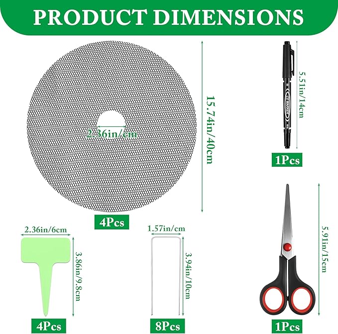 4 Pack Plant Pot Soil Covers, Cuttable Round Planter Soil Cover with U-Shaped Stakes, Plant Tags, Marker and Scissors for Potted Plants Indoor Outdoor