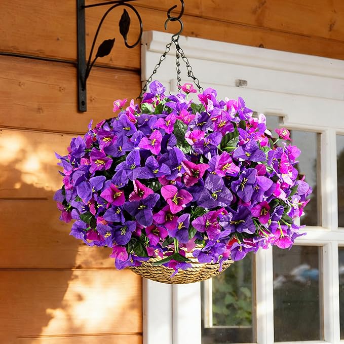 Artificial Flowers Plants for Outdoors Spring Summer Decor, 4 Bundles Fake Bougainvillea Silk Outside Flowers UV Resistant Look Real for Outdoor Planter Patio Porch Window Garden Home, PurpleFuchsia