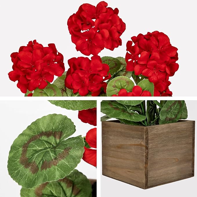 Briful Artificial Geraniums Flowers in Square Wooden Box, Faux Red Silk Geranium Potted Plant, 15.7" Fake Floral Arrangement for Rustic Farmhouse Home Kitchen Table Centerpiece Patio Décor
