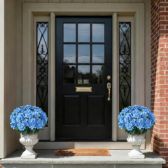 FOTEEWL 8 Bundles Artificial Hydrangea Flowers for Outdoor Decor, Realistic Faux Silk Bouquets Sun-Resistant Fake Plants for Front Door Balcony Farmhouse Garden Home Spring Summer Decor (Blue)