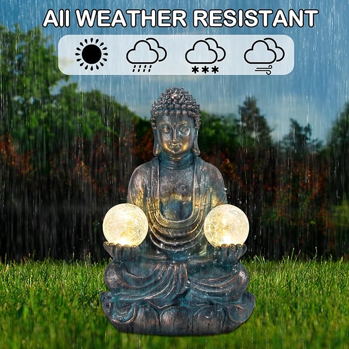 Afirst 10.5'' Meditating Buddha Garden Statues Solar Buddha Sculpture Decor with Glass Balls Zen Meditation for Home Garden Yard Patio Indoor Outdoor Ornaments Gifts for Mom