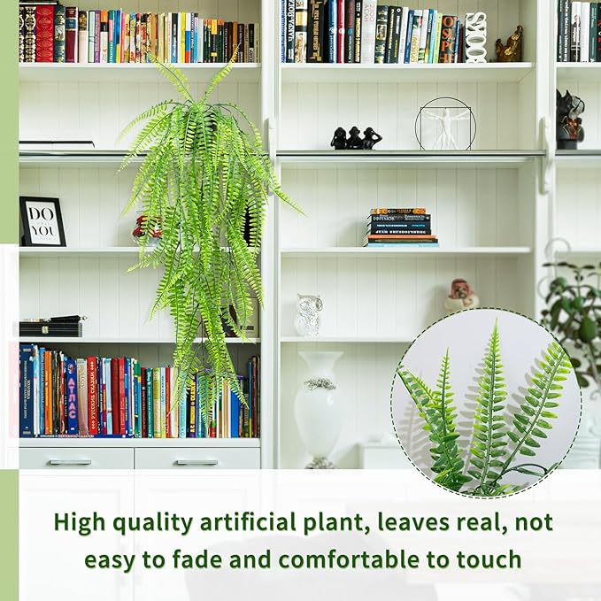 LOYWREE 2Pack Small Fake Hanging Plant with Pot, Artificial Potted Fern Plant, 28.7-in Long Faux Hanging Ferns Vine Plant for Shelf Home Office Indoor Outdoor Garden Greenery Decor (Black Pot)