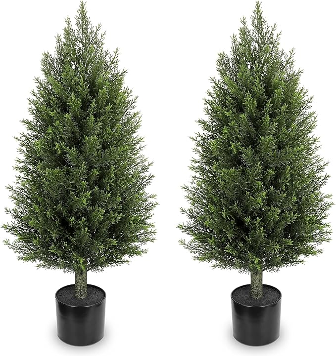 Hollyone Artificial Topiary Cedar Trees 3FT Tall Faux Cedar Cypress Plants Tree Fake Pine Shrubs Plant Potted for Outdoor Indoor Front Porch Home Living Room Decor, Set of 2