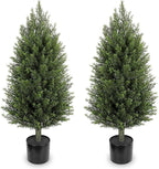 Hollyone Artificial Topiary Cedar Trees 3FT Tall Faux Cedar Cypress Plants Tree Fake Pine Shrubs Plant Potted for Outdoor Indoor Front Porch Home Living Room Decor, Set of 2