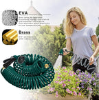 Coil Hose 25FT EVA Coil Garden Hose With 3/4'' Brass Connector Coiled Water Hose Lightweight And No Kink Includes 7 Patterns Spray Nozzle For Outdoors Lawn Watering Car Washing