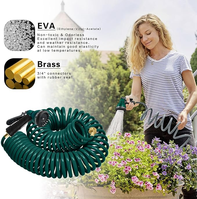 Coil Hose 50FT EVA Coil Garden Hose With 3/4'' Brass Connector Coiled Water Hose Lightweight And No Kink Includes 7 Patterns Spray Nozzle For Outdoors Lawn Watering Car Washing