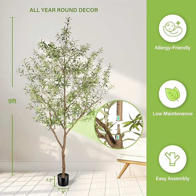 Faux Olive Tree 9ft - Realistic Artificial Olive Tree 9 Feet Indoor (108") - Tall Fake Plants Olive Trees Artificial Indoor with Natural Wood Trunk for Home Office Decor