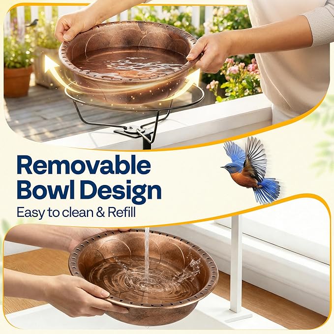 VIVOHOME Deck Mounted Bird Bath with Solar Fountain, Outdoor ABS Birdbath Bowl with Adjustable Metal Clamp, Solar Powered Pump for Railing, Fence, Balcony, 1.45 Gallons, Bronze