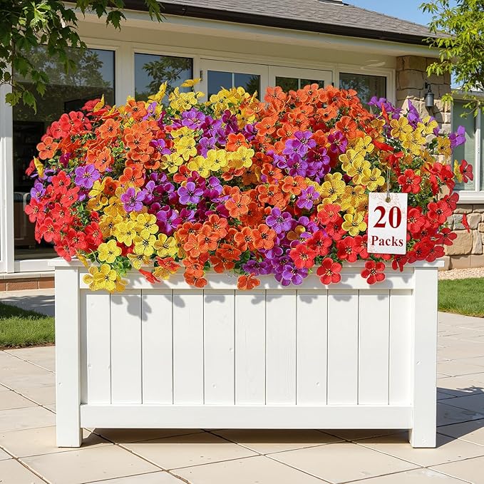 Alupssuc 20 Bundles Artificial Flowers for Outdoor Indoor Decoration, UV Resistant No Fade Fake Plants Eucalyptus, Colorful Faux Spring Flowers for Outside Yard Porch Patio Garden Home Window Box